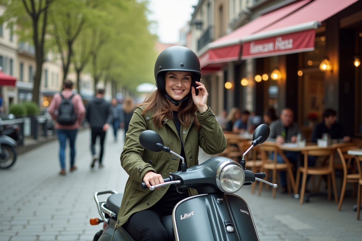 Femme en parka avec casque sur minimotorbike en ville