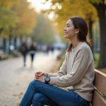 Jeune femme assise dans un parc urbain en journée