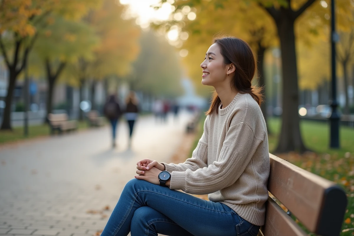 Jeune femme assise dans un parc urbain en journée