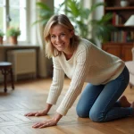 Femme souriante en intérieur avec parquet ancien et ambiance chaleureuse