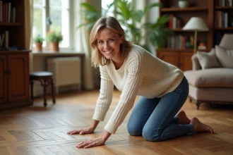 Femme souriante en intérieur avec parquet ancien et ambiance chaleureuse