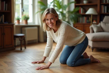 Femme souriante en intérieur avec parquet ancien et ambiance chaleureuse