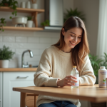 Femme souriante tenant un verre d'eau et une bouteille de probiotiques dans la cuisine