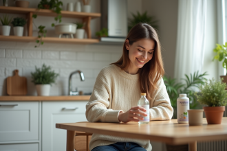 Femme souriante tenant un verre d'eau et une bouteille de probiotiques dans la cuisine