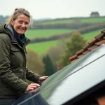 Femme inspectant des panneaux solaires sur un toit normand