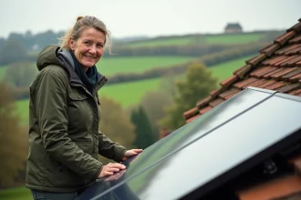 Femme inspectant des panneaux solaires sur un toit normand