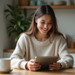 Femme souriante utilisant une tablette dans une cuisine lumineuse