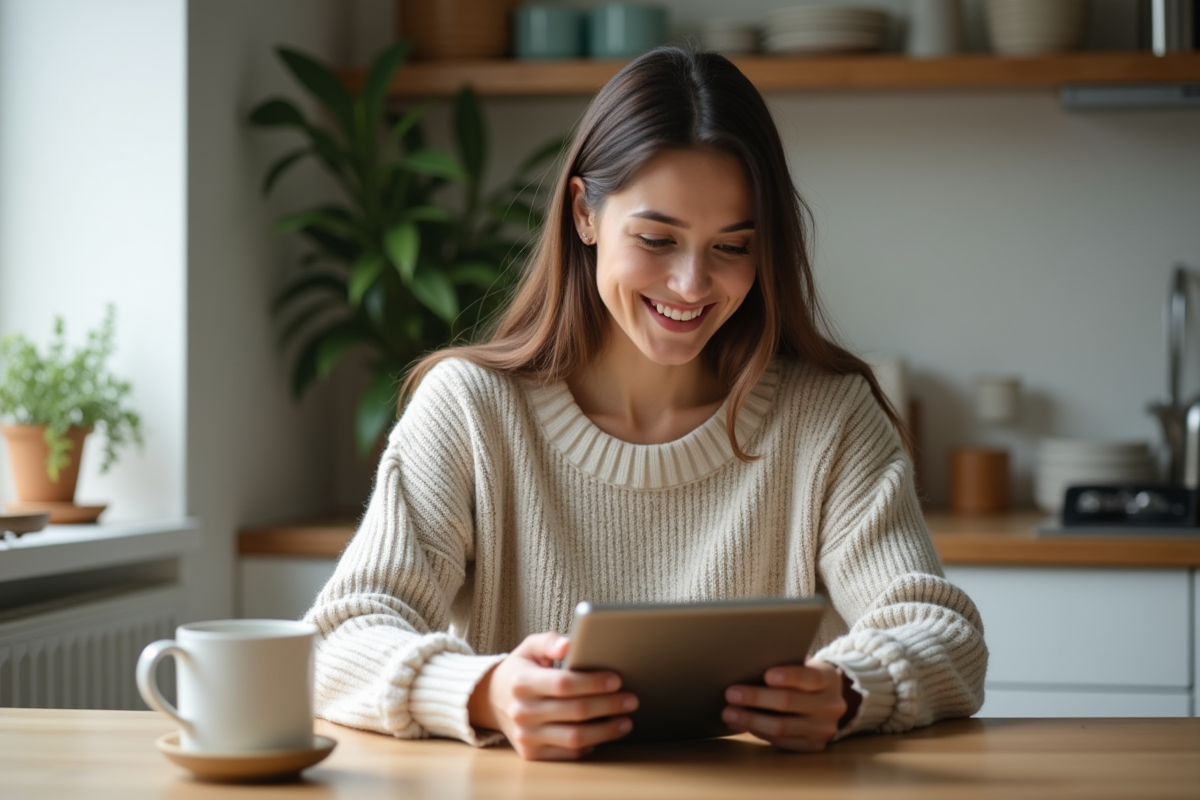Femme souriante utilisant une tablette dans une cuisine lumineuse