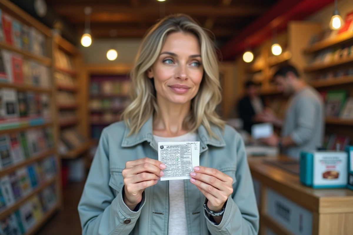 Femme tenant un ticket de loto dans un bureau de tabac français