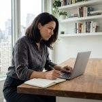 Femme concentrée travaillant sur son ordinateur dans un appartement moderne