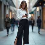 Femme urbaine en pantalon splithem noir checkant son téléphone