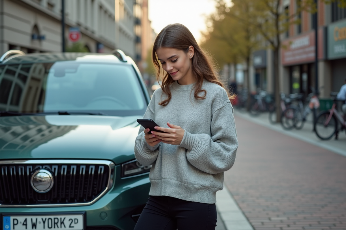 Jeune femme utilisant smartphone à côté d’un SUV en ville