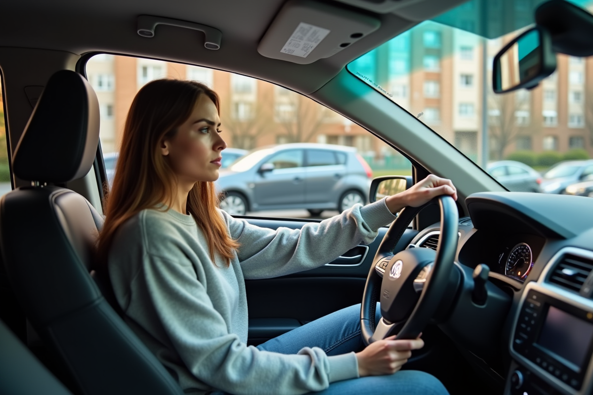 Jeune femme en voiture ressentant une vibration au volant