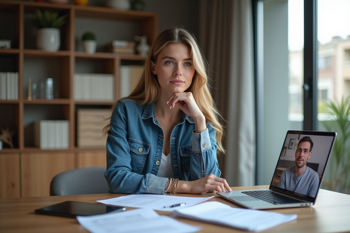 Jeune femme en visioconference avec un notaire à domicile