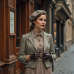 Femme en robe vintage 1940s ajustant ses gants élégants