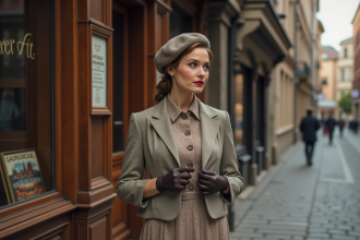 Femme en robe vintage 1940s ajustant ses gants élégants