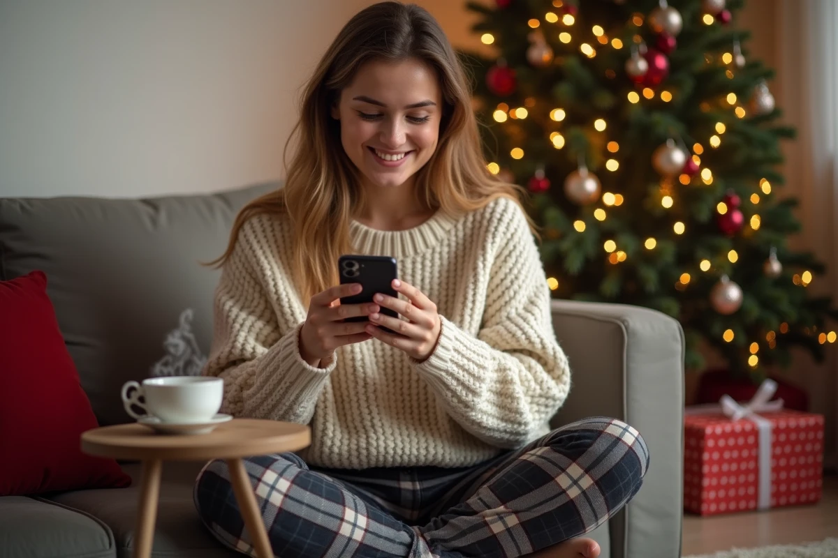 Jeune femme en pull tricoté regardant un widget décompte de Noël 2026 sur son smartphone dans un salon décoré