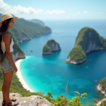 Jeune femme philippine souriante sur un rocher avec lagons turquoise