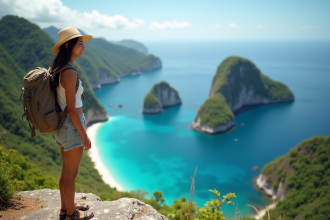 Jeune femme philippine souriante sur un rocher avec lagons turquoise