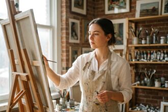 Étudiante en formation artistique privée travaillant sur une toile dans un atelier de peinture chaleureux et intimiste