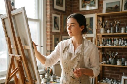 Étudiante en formation artistique privée travaillant sur une toile dans un atelier de peinture chaleureux et intimiste