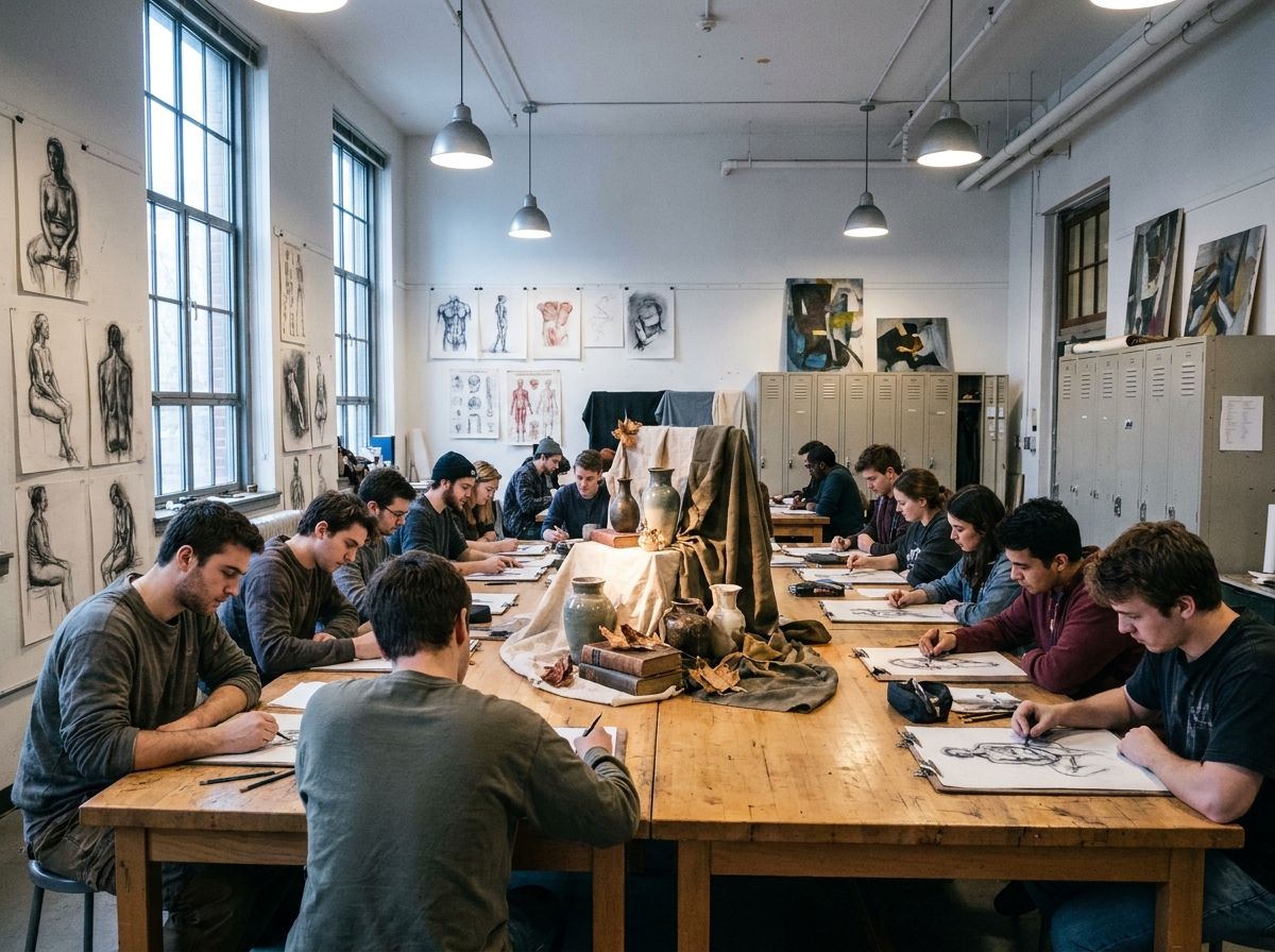 Groupe d'étudiants en formation artistique publique lors d'un cours de dessin dans une grande salle de cours des beaux-arts