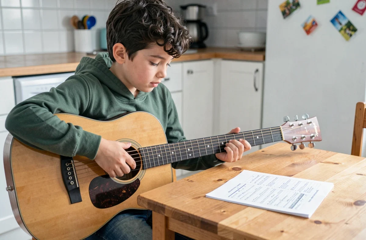 Garçon jouant une tablature simplifiée de guitare assis à la table de cuisine