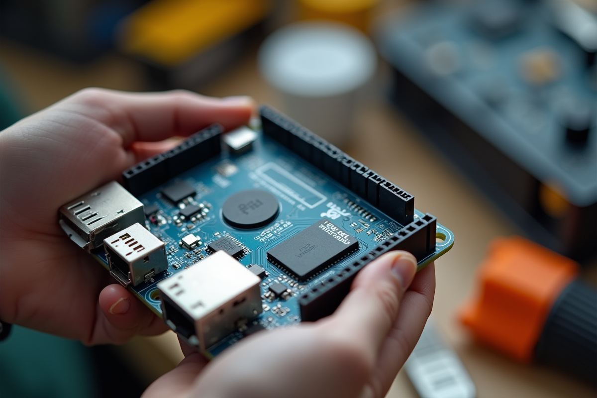 Gertduino en main avec outils électroniques en arrière-plan