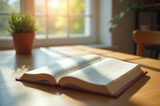 Livre de grammaire française ouvert sur un bureau lumineux