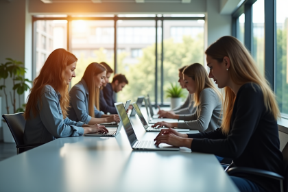 Groupe d'adultes divers travaillant sur des ordinateurs modernes