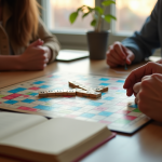 Groupe d'amis jouant au Scrabble autour d'une table en bois