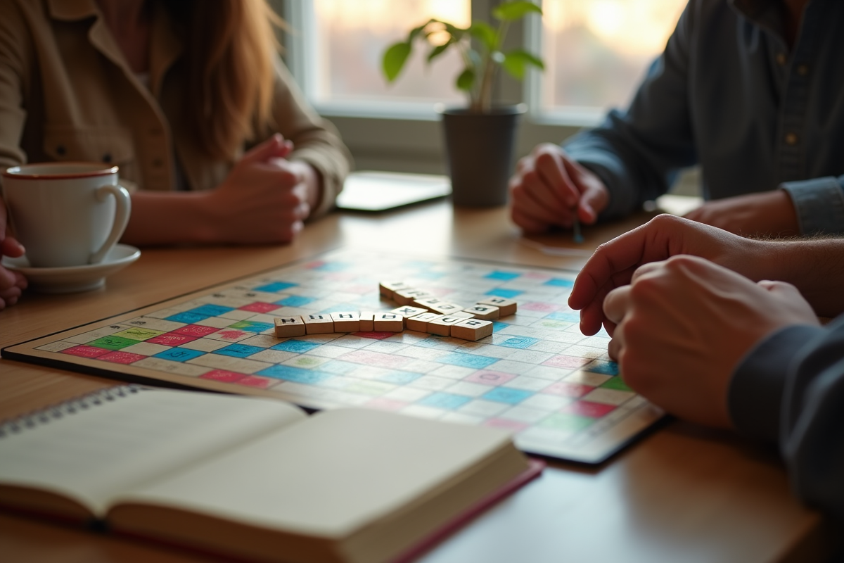 Groupe d'amis jouant au Scrabble autour d'une table en bois