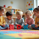 Groupe d'enfants autour d'un tapis alphabet en classe