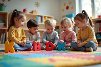 Groupe d'enfants autour d'un tapis alphabet en classe