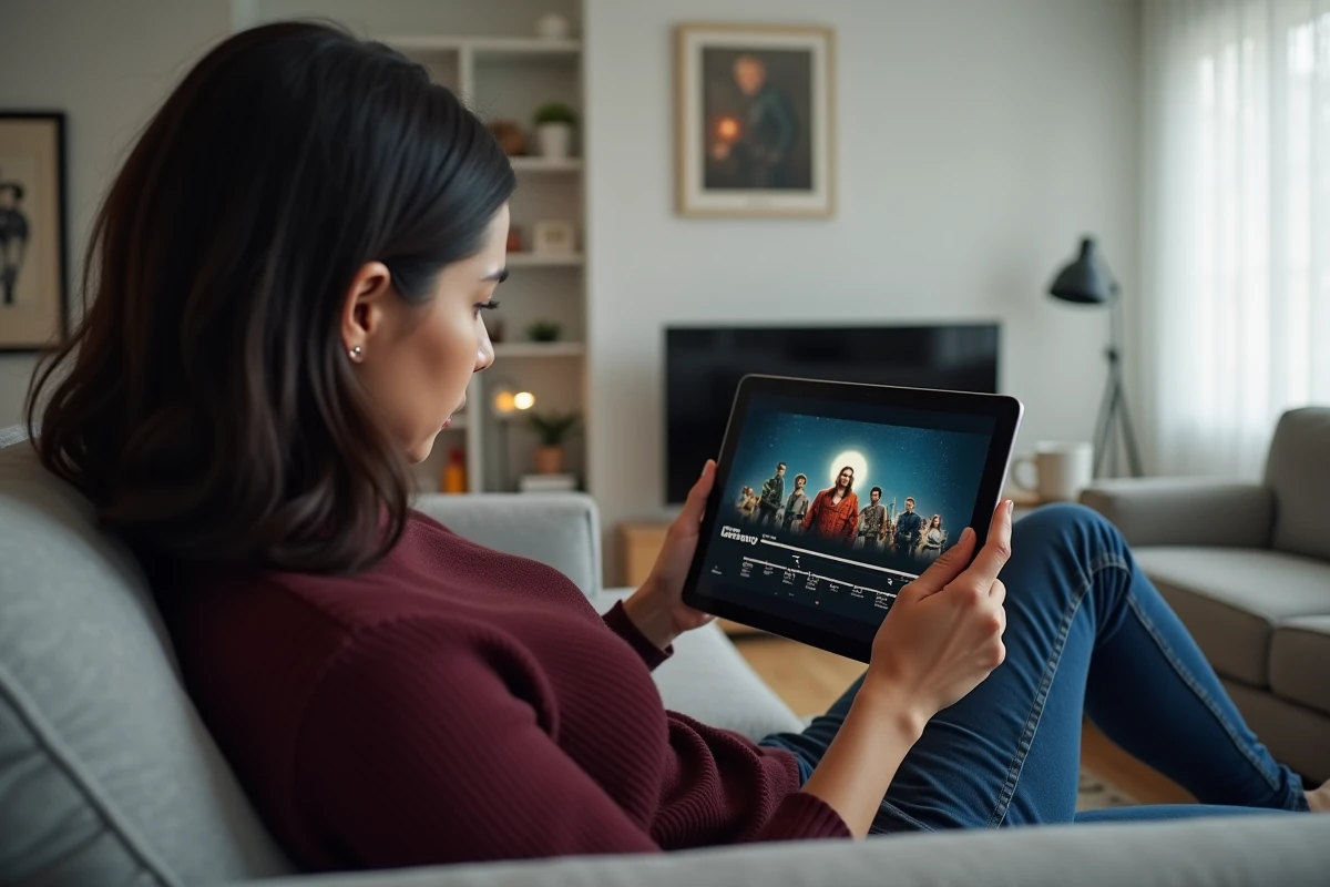 Femme consultant un guide chronologique des films Batman et Joker sur tablette dans un salon moderne