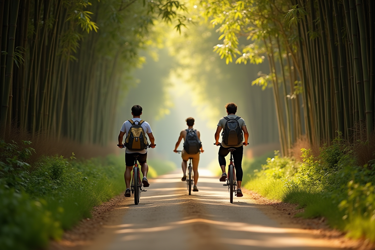 Guide local et voyageurs à vélo dans un chemin ombragé