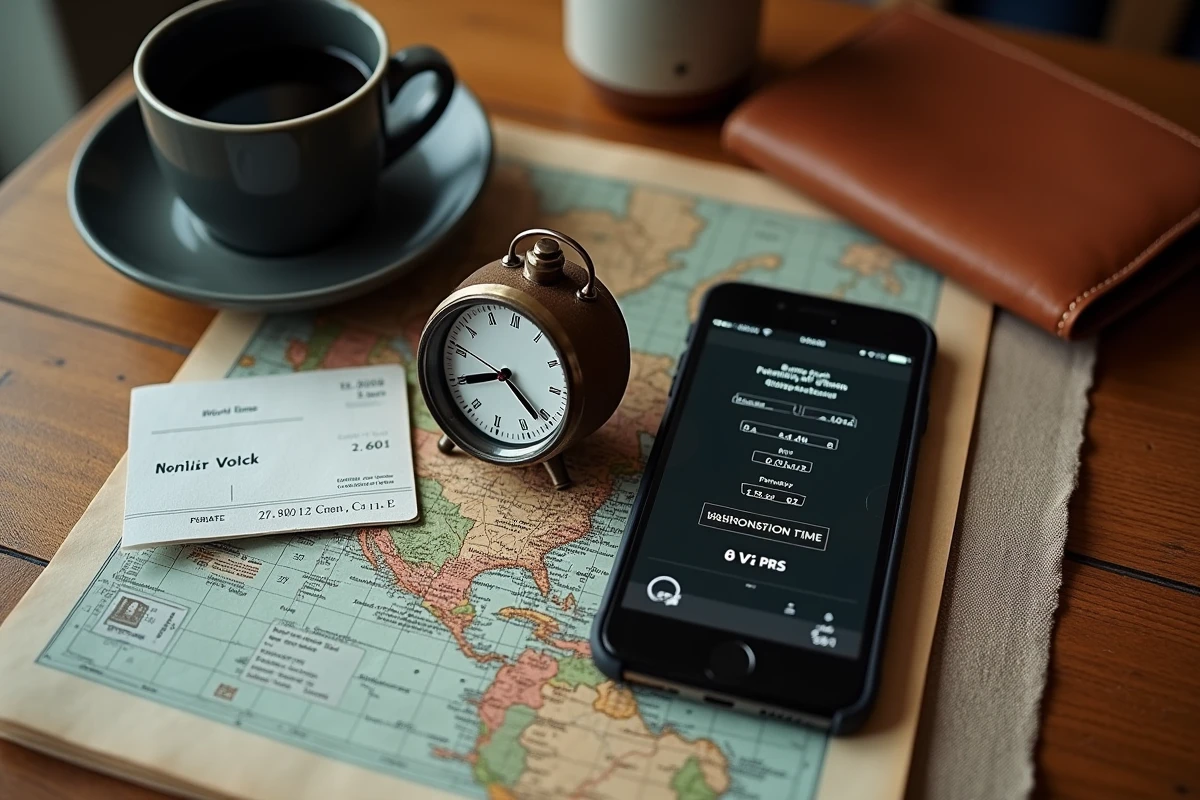 Flat-lay de montre de voyage, smartphone avec horloge mondiale et carte affichant l'heure de Washington comparée à d'autres villes