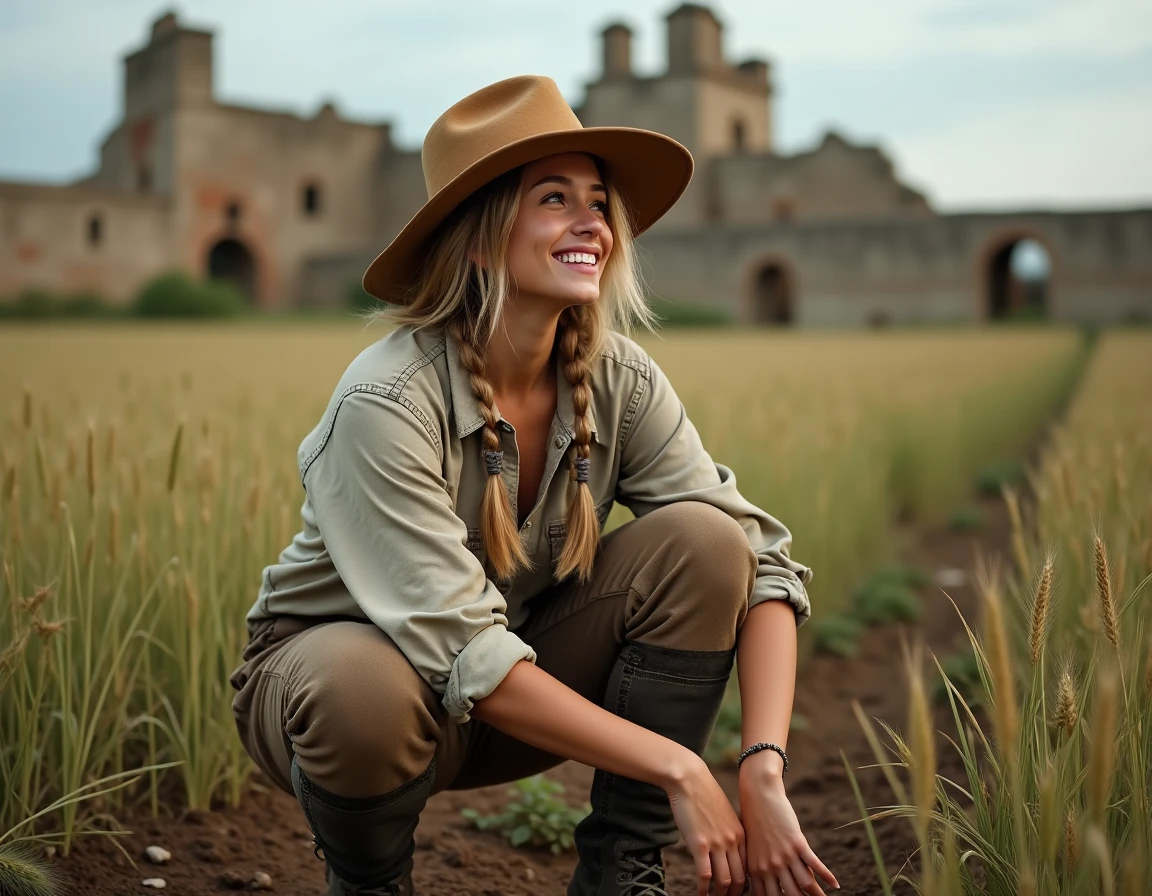 Jeune femme blonde agenouillée dans un champ de blé près d'un village en ruines, illustrant la liberté retrouvée et l'identité rurale d'Historia Reiss
