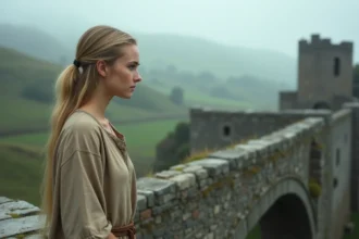 Jeune femme blonde en tenue médiévale se tenant sur un rempart en pierre, symbolisant l'évolution du personnage d'Historia Reiss dans L'Attaque des Titans