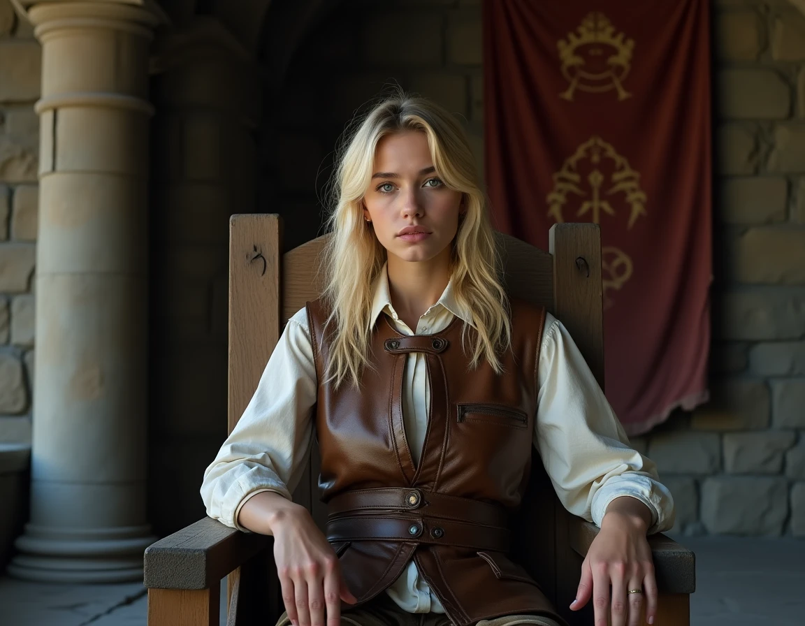 Jeune femme blonde assise sur un trône en pierre dans une salle médiévale sombre, représentant Historia Reiss devenant reine dans L'Attaque des Titans
