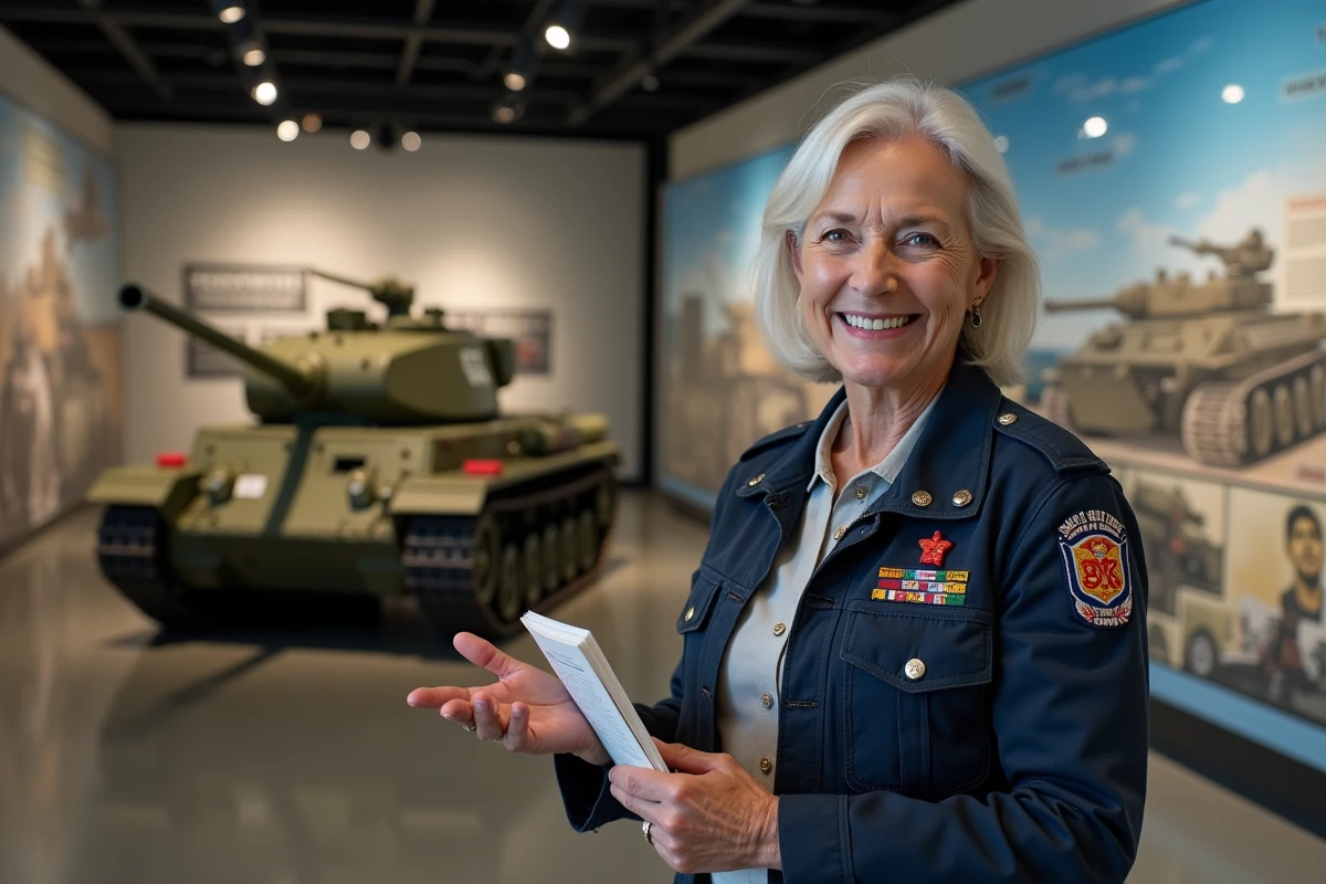 Historienne militaire parlant devant un modèle de char au musée