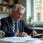 Homme d'affaires pensif dans une cuisine moderne avec documents