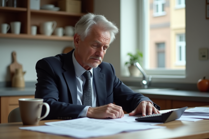 Homme d'affaires pensif dans une cuisine moderne avec documents