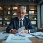 Homme d'affaires regardant des factures et reçus en bureau