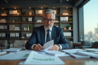 Homme d'affaires regardant des factures et reçus en bureau