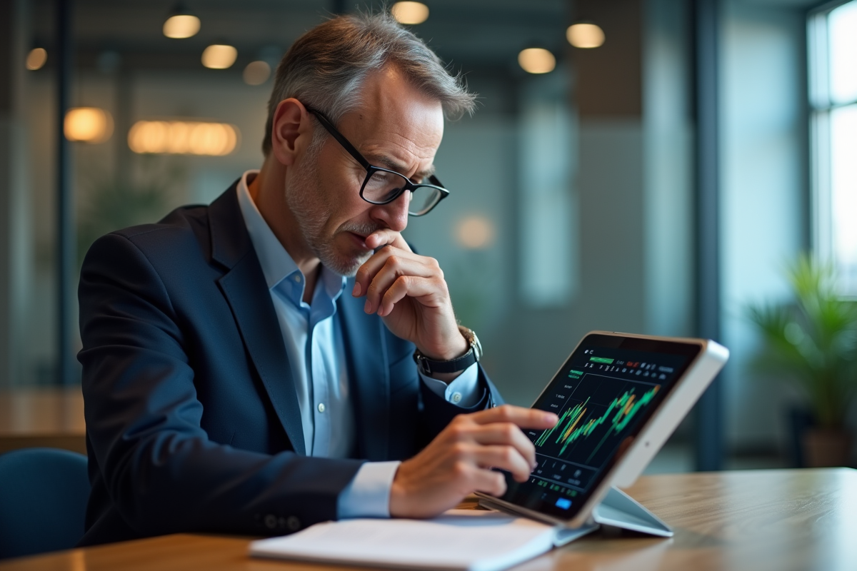 Homme d'âge moyen en costume bleu analysant des graphiques SCPI