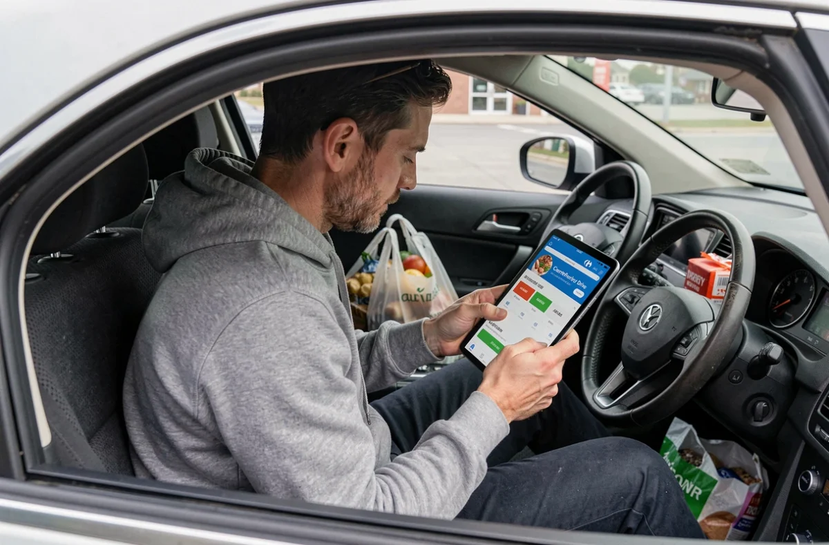 Homme consultant l'application Carrefour Drive sur une tablette dans sa voiture avec des courses déjà chargées