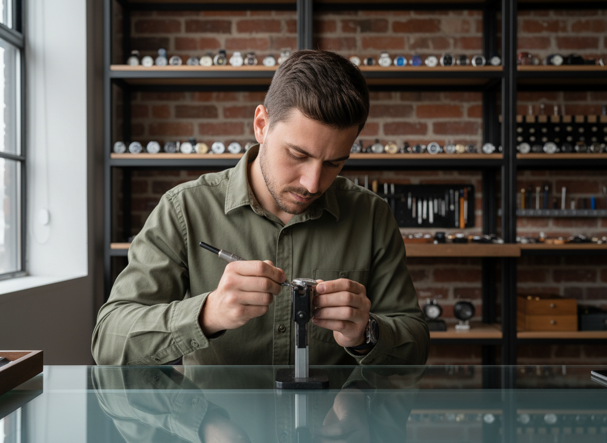 Jeune homme en atelier réglant une montre vintage avec précision