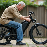 Homme d'âge moyen inspectant sa bicyclette motorisée en extérieur