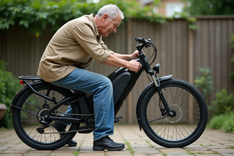Homme d'âge moyen inspectant sa bicyclette motorisée en extérieur